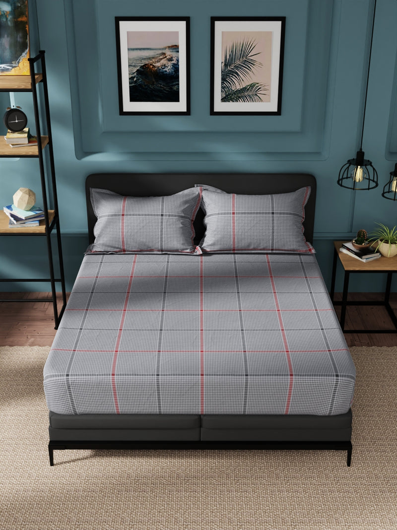 Super Soft 100% Cotton King Bedsheet And 2 Pillow Covers <small> (checks-steelgrey)</small>