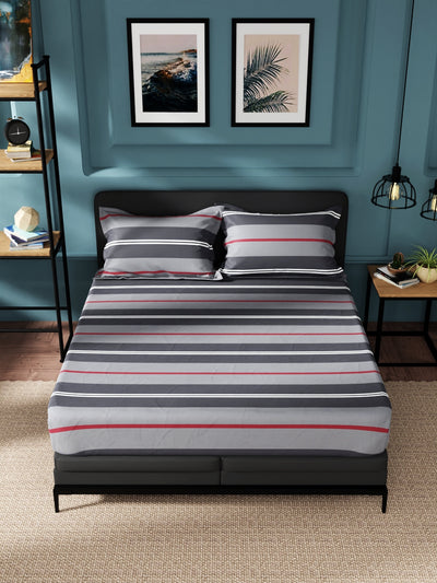 Super Soft 100% Cotton King Bedsheet And 2 Pillow Covers <small> (stripe-grey)</small>