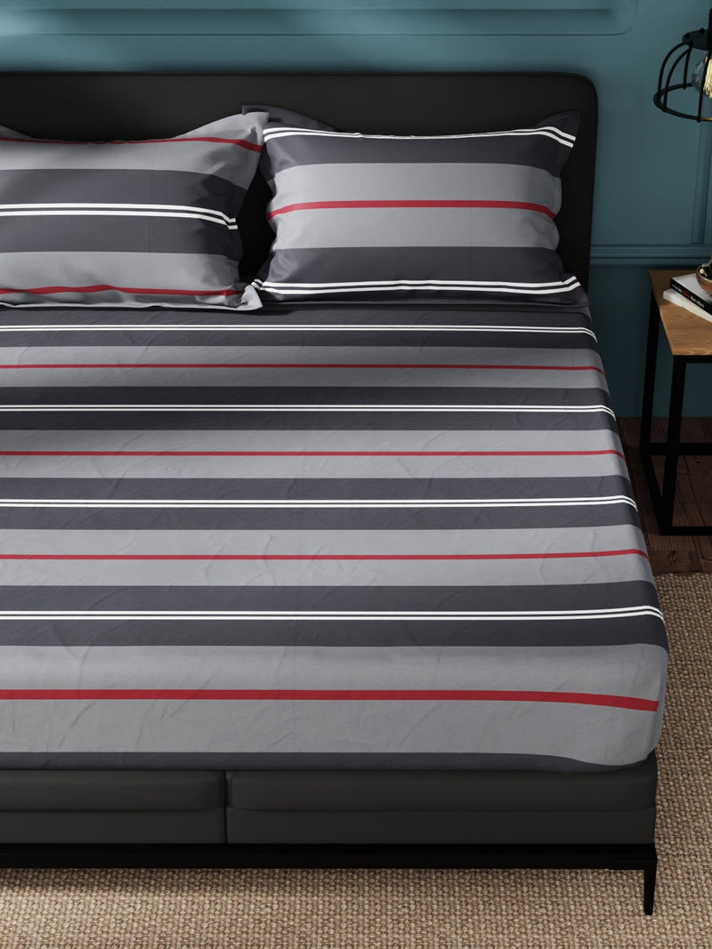 Super Soft 100% Cotton King Bedsheet And 2 Pillow Covers <small> (stripe-grey)</small>