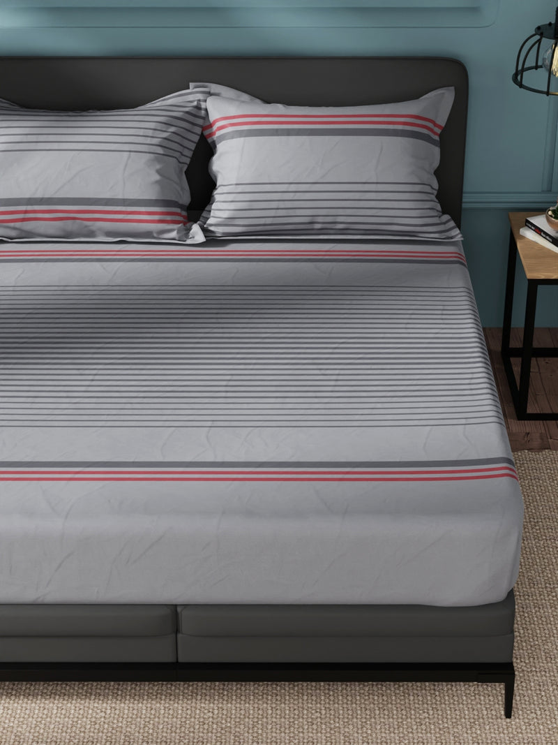 Super Soft 100% Cotton King Bedsheet And 2 Pillow Covers <small> (stripe-grey)</small>