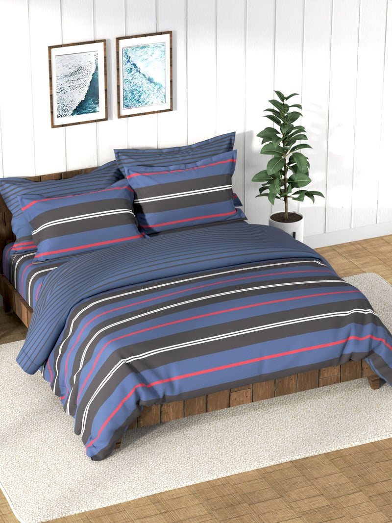 Super Soft 100% Cotton Double Comforter With 1 King Bedsheet And 2 Pillow Covers For All Weather <small> (stripe-blue/black)</small>