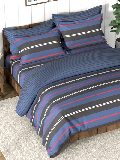 Super Soft 100% Cotton Double Comforter With 1 King Bedsheet And 2 Pillow Covers For All Weather <small> (stripe-blue/black)</small>
