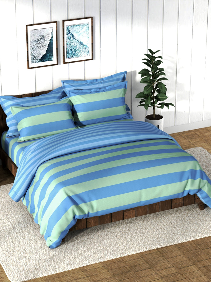 Super Soft 100% Cotton Double Comforter With 1 King Bedsheet And 2 Pillow Covers For All Weather <small> (stripe-blue/green)</small>