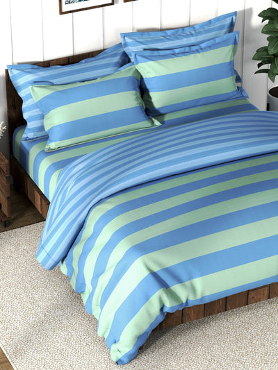 Super Soft 100% Cotton Double Comforter With 1 King Bedsheet And 2 Pillow Covers For All Weather <small> (stripe-blue/green)</small>