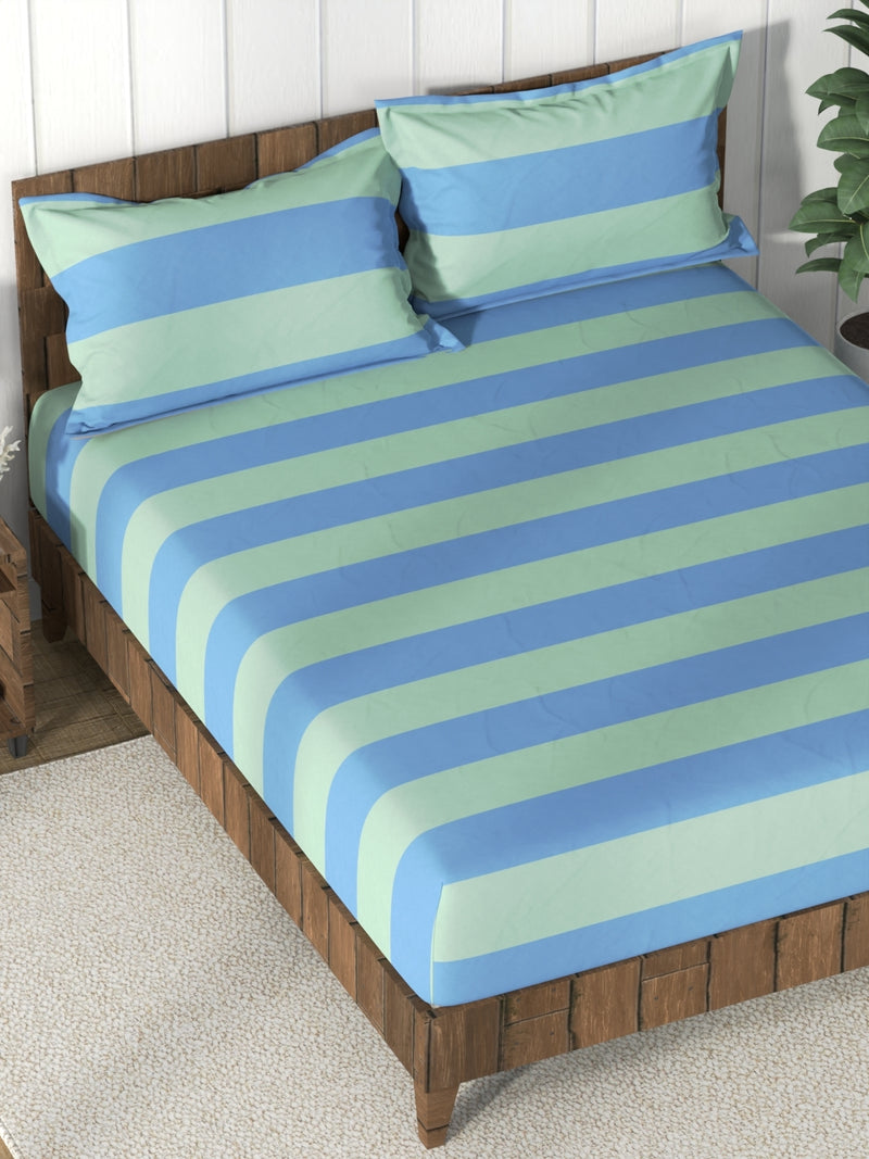 Super Soft 100% Cotton King Bedsheet And 2 Pillow Covers <small> (stripe-blue/green)</small>