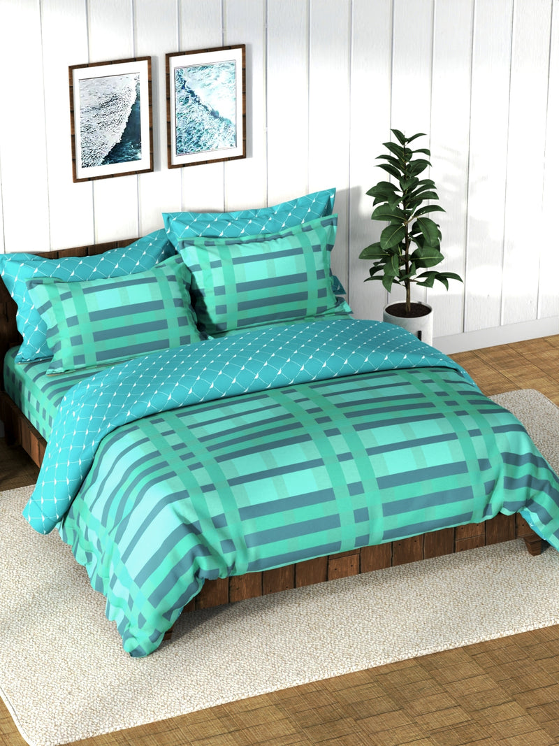 Super Soft 100% Cotton Double Comforter With 1 King Bedsheet And 2 Pillow Covers For All Weather <small> (stripe-sea green)</small>