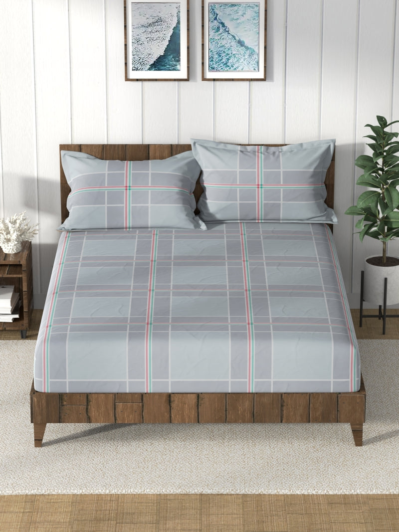 Super Soft 100% Cotton King Bedsheet And 2 Pillow Covers <small> (checks-coolgrey)</small>