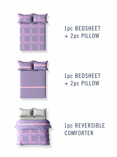 Super Soft 100% Cotton Double Comforter With 1 King Bedsheet And 2 Pillow Covers For All Weather <small> (stripe-lilac)</small>