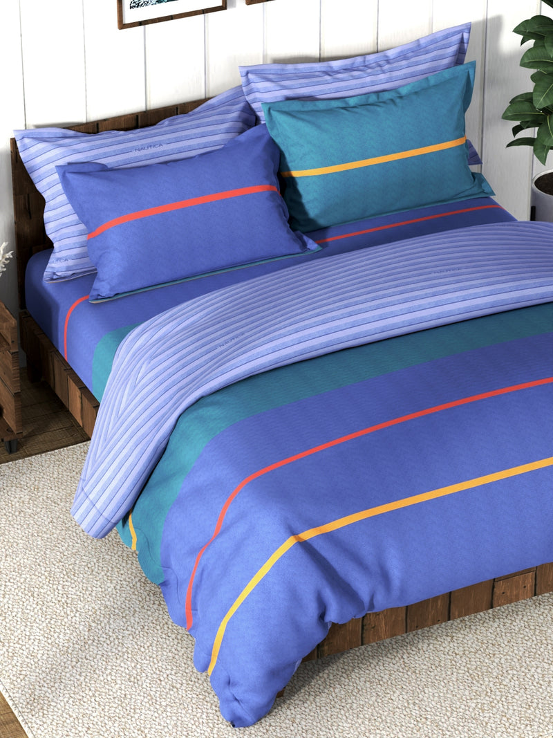Super Soft 100% Cotton Double Comforter With 1 King Bedsheet And 2 Pillow Covers For All Weather <small> (stripe-blue)</small>