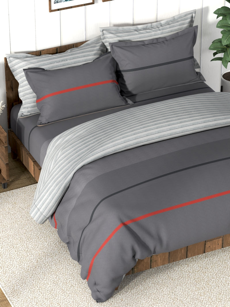 Super Soft 100% Cotton Double Comforter With 1 King Bedsheet And 2 Pillow Covers For All Weather <small> (stripe-grey)</small>