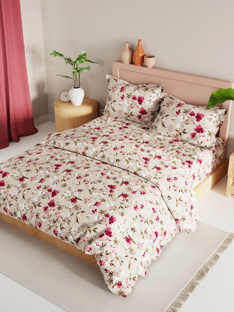 Extra Smooth Double Comforter With 1 Double Bedsheet 2 Pillow Covers, For Ac Room <small> (floral-cream/pink)</small>
