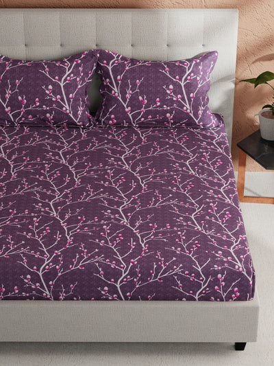 Soft 100% Natural Cotton, King Size Double Bedsheet With 2 Pillow Covers <small> (floral-grape)</small>