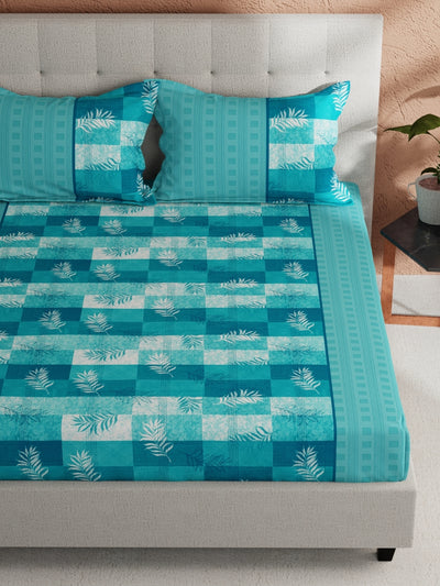 Soft 100% Natural Cotton, King Size Double Bedsheet With 2 Pillow Covers <small> (checks-turquoise)</small>