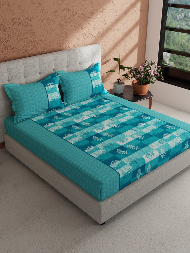Soft 100% Natural Cotton, King Size Double Bedsheet With 2 Pillow Covers <small> (checks-turquoise)</small>