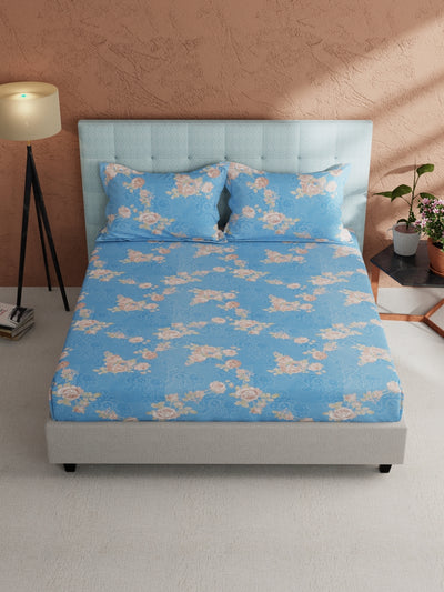 Soft 100% Natural Cotton, King Size Double Bedsheet With 2 Pillow Covers <small> (floral-blue)</small>