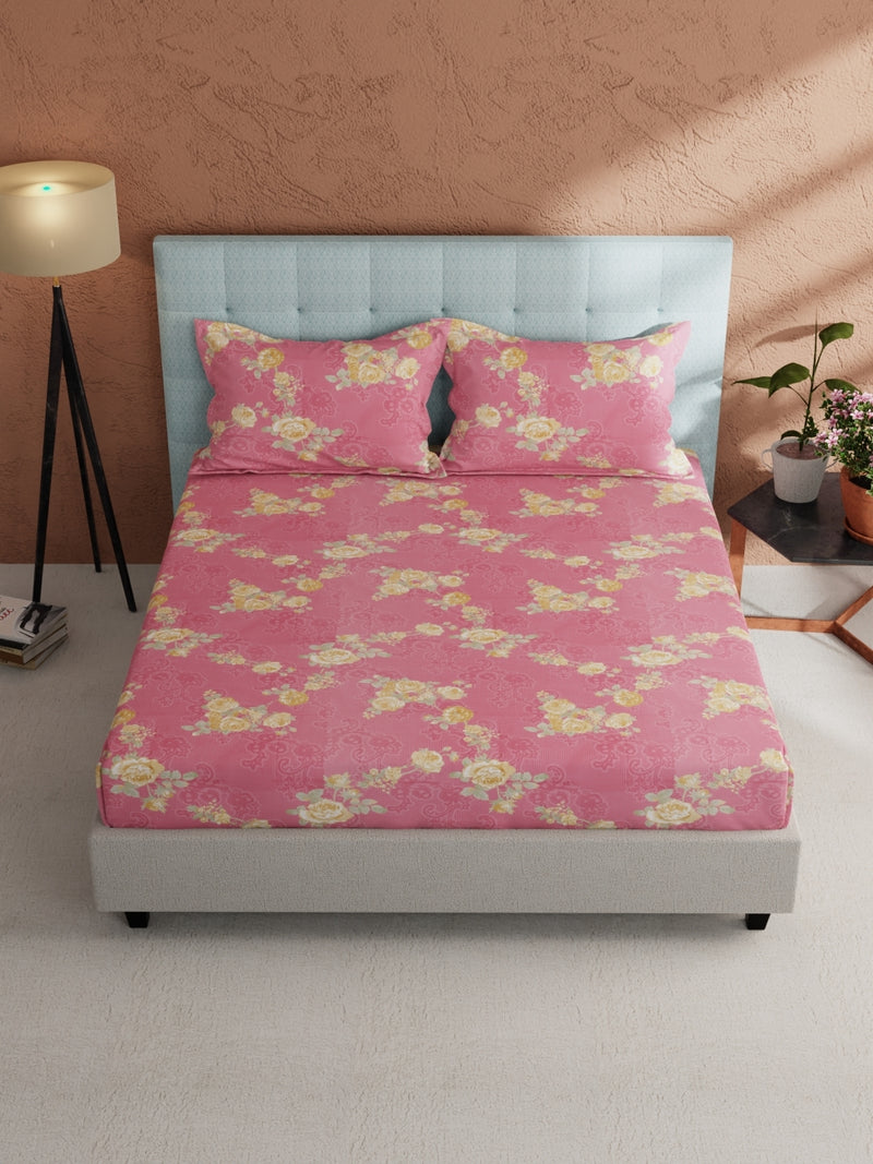 Soft 100% Natural Cotton, King Size Double Bedsheet With 2 Pillow Covers <small> (floral-pink)</small>