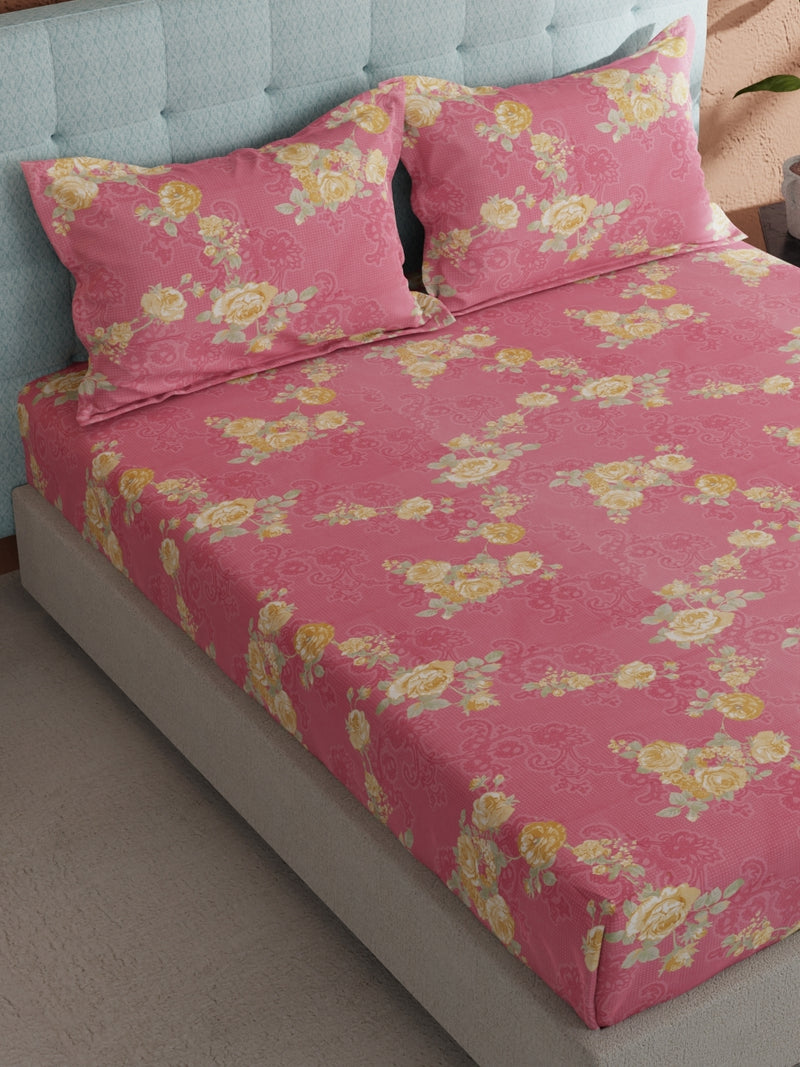 Soft 100% Natural Cotton, King Size Double Bedsheet With 2 Pillow Covers <small> (floral-pink)</small>