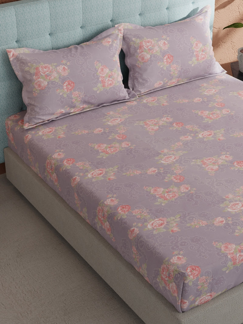 Soft 100% Natural Cotton, King Size Double Bedsheet With 2 Pillow Covers <small> (floral-lilac)</small>
