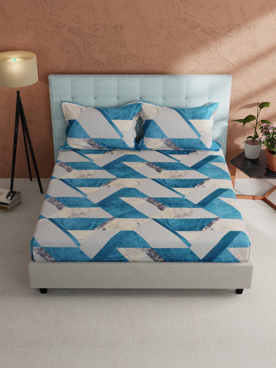 Soft 100% Natural Cotton, King Size Double Bedsheet With 2 Pillow Covers <small> (geometric-teal/blue)</small>