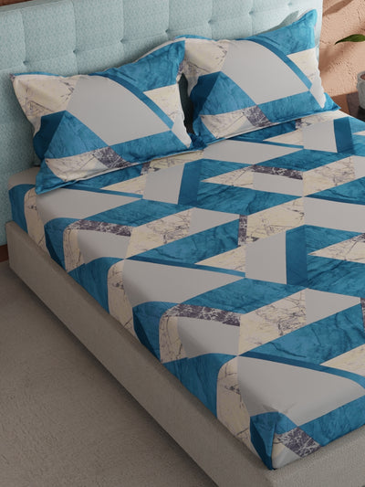 Soft 100% Natural Cotton, King Size Double Bedsheet With 2 Pillow Covers <small> (geometric-teal/blue)</small>