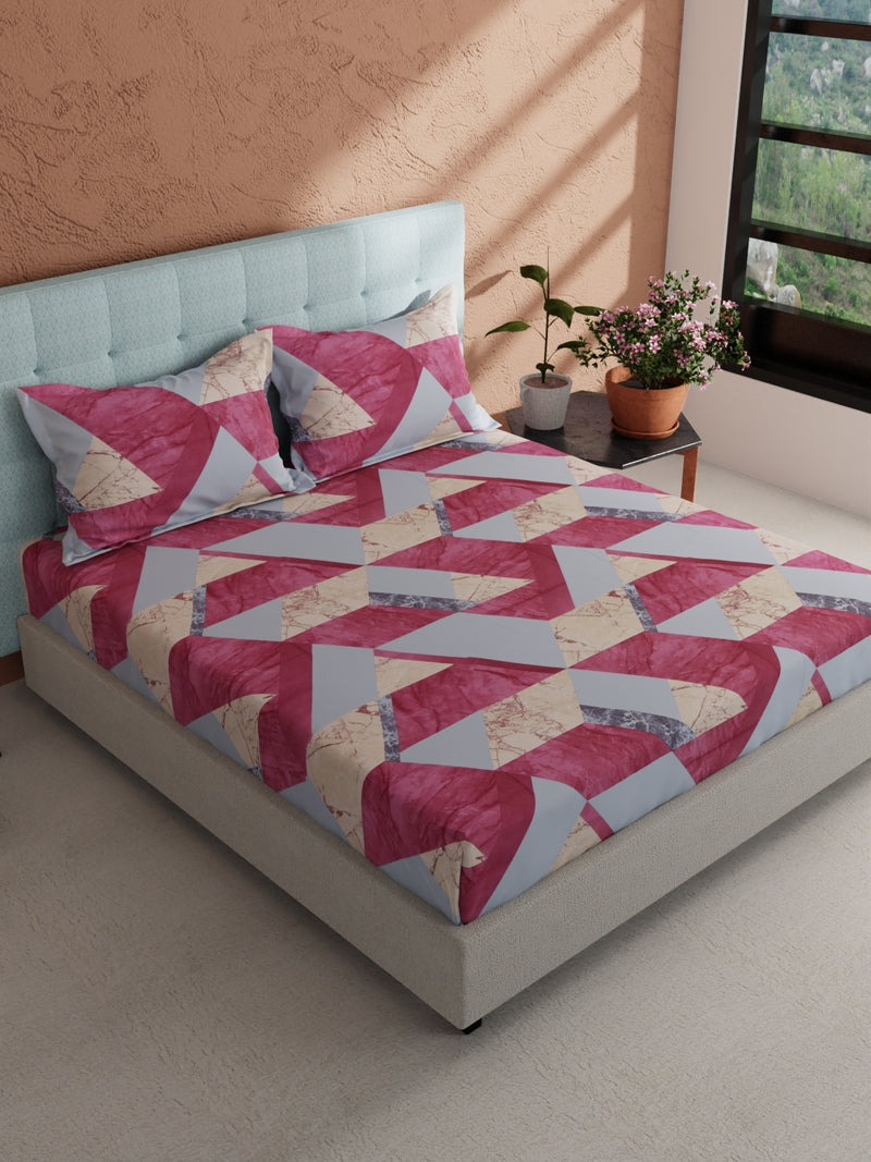 Soft 100% Natural Cotton, King Size Double Bedsheet With 2 Pillow Covers <small> (geometric-blue/wine)</small>