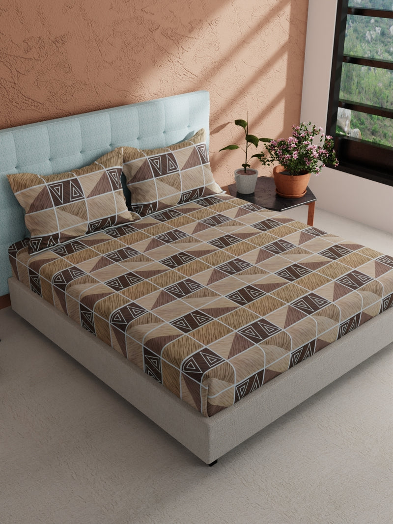 Soft 100% Natural Cotton, King Size Double Bedsheet With 2 Pillow Covers <small> (geometric-brown)</small>