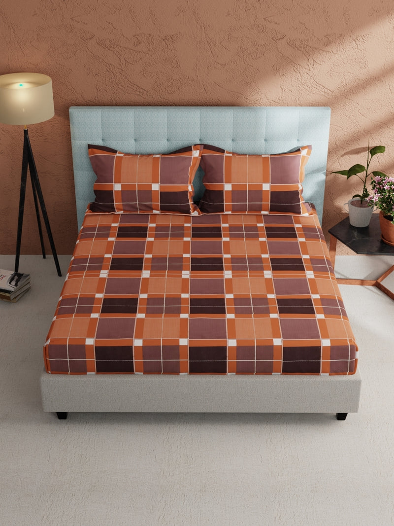 Soft 100% Natural Cotton, King Size Double Bedsheet With 2 Pillow Covers <small> (checks-rust)</small>