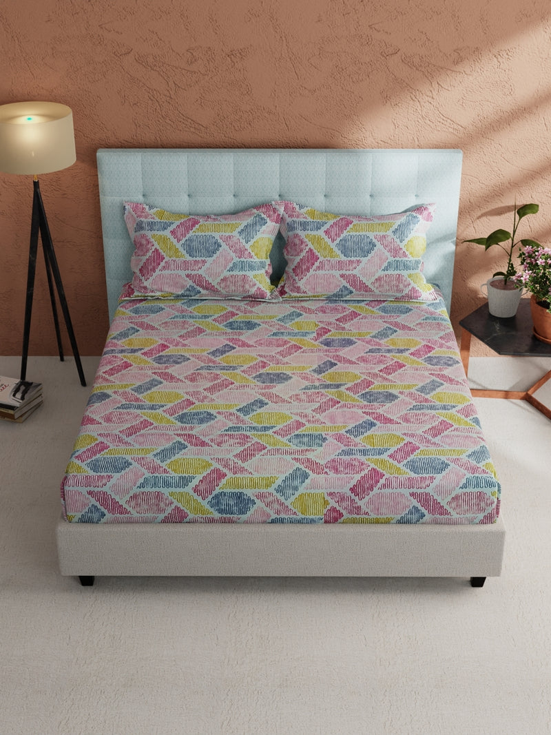 Soft 100% Natural Cotton, King Size Double Bedsheet With 2 Pillow Covers <small> (geometric-pink/yellow)</small>