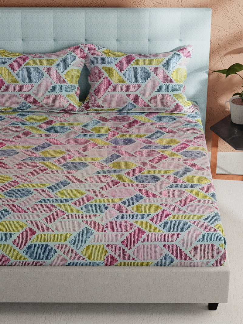 Soft 100% Natural Cotton, King Size Double Bedsheet With 2 Pillow Covers <small> (geometric-pink/yellow)</small>