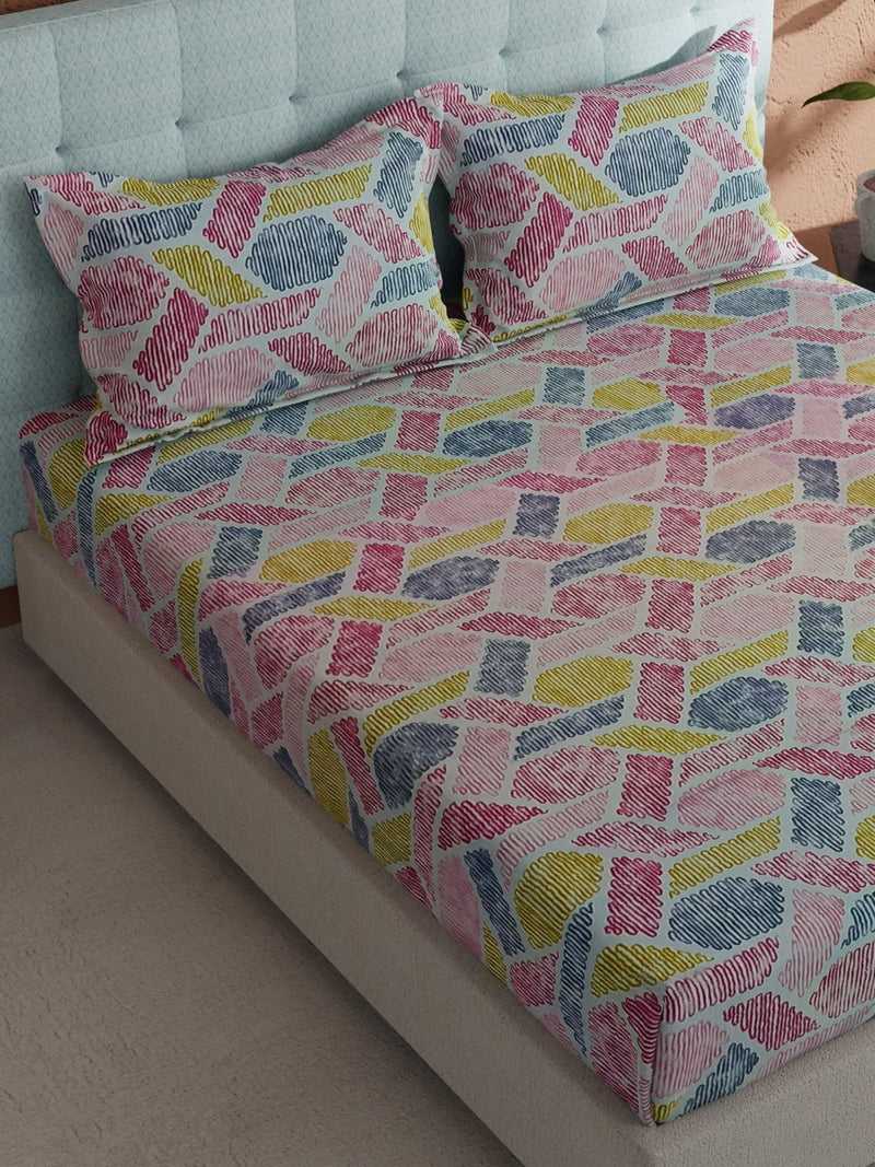 Soft 100% Natural Cotton, King Size Double Bedsheet With 2 Pillow Covers <small> (geometric-pink/yellow)</small>