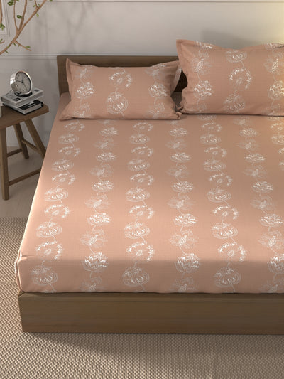 Soft 100% Natural Cotton Xl King Fitted Bedsheet With Elastic Edges With 2 Pillow Covers <small> (floral-sand)</small>