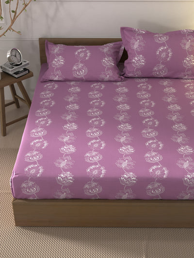 Soft 100% Natural Cotton Xl King Fitted Bedsheet With Elastic Edges With 2 Pillow Covers <small> (floral-pink)</small>