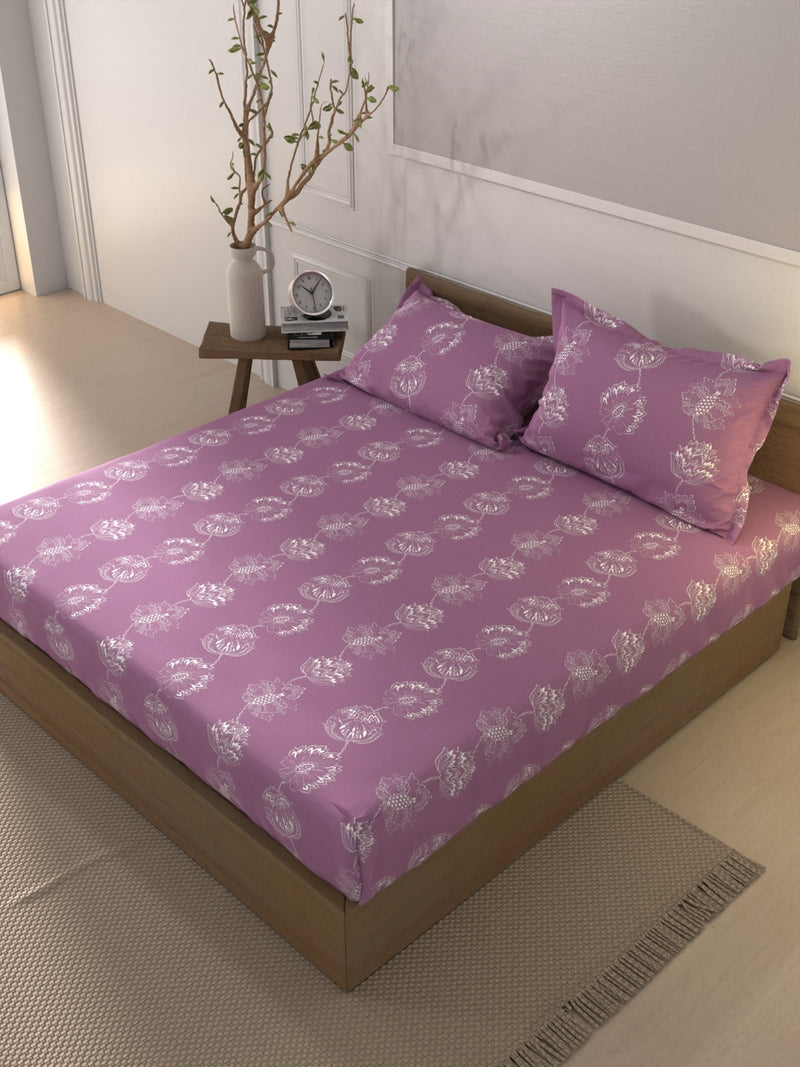 Soft 100% Natural Cotton Xl King Fitted Bedsheet With Elastic Edges With 2 Pillow Covers <small> (floral-pink)</small>
