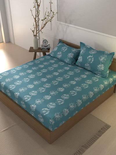 Soft 100% Natural Cotton Xl King Fitted Bedsheet With Elastic Edges With 2 Pillow Covers <small> (floral-blue)</small>