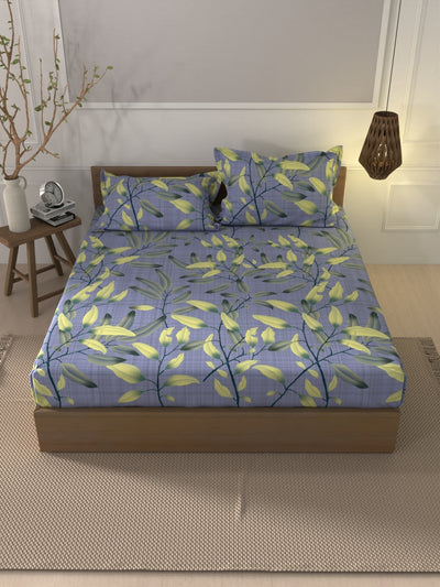 Soft 100% Natural Cotton Xl King Fitted Bedsheet With Elastic Edges With 2 Pillow Covers <small> (floral-blue/multi)</small>