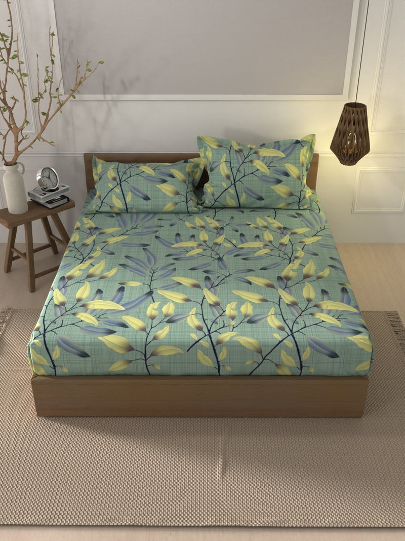 Soft 100% Natural Cotton Xl King Fitted Bedsheet With Elastic Edges With 2 Pillow Covers <small> (floral-teal/multi)</small>