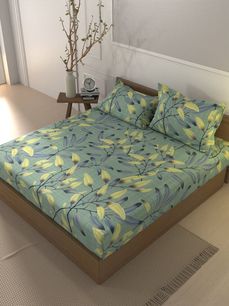 Soft 100% Natural Cotton Xl King Fitted Bedsheet With Elastic Edges With 2 Pillow Covers <small> (floral-teal/multi)</small>