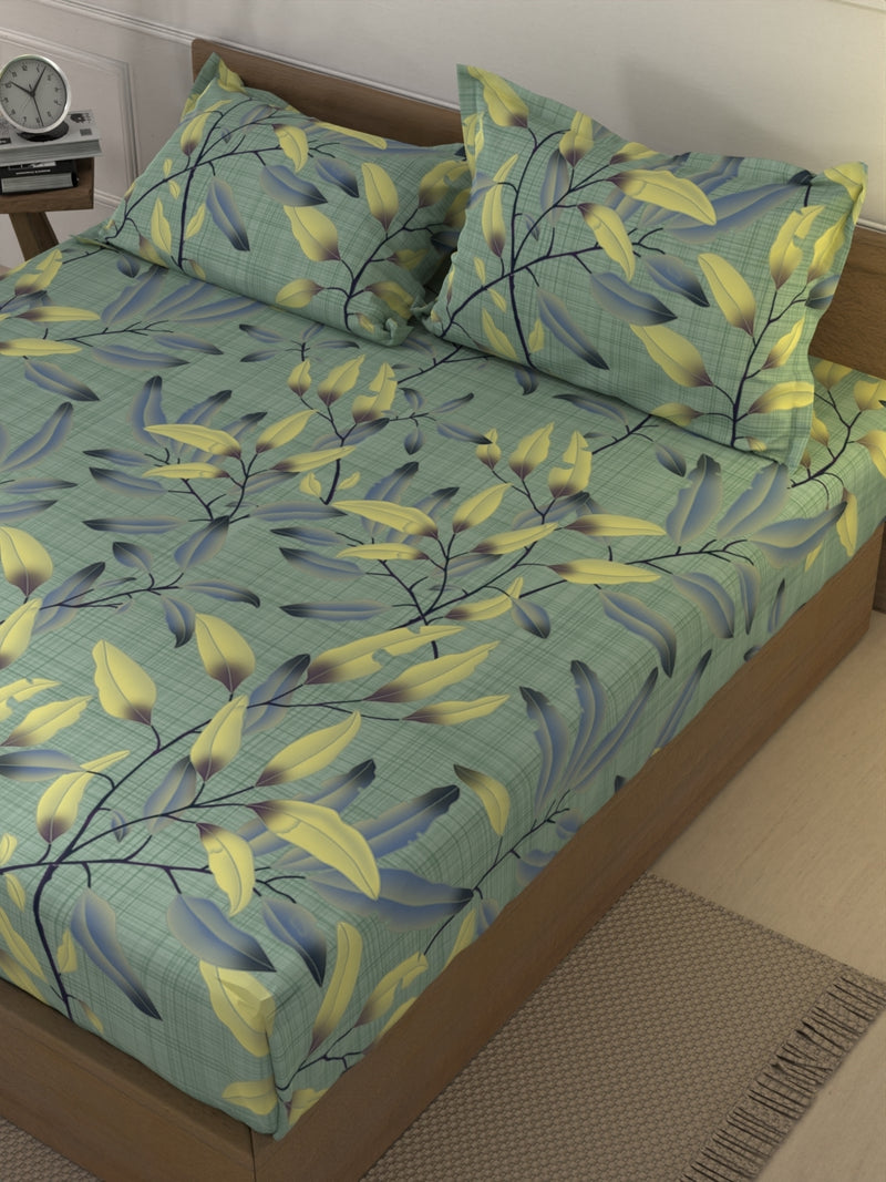 Soft 100% Natural Cotton Xl King Fitted Bedsheet With Elastic Edges With 2 Pillow Covers <small> (floral-teal/multi)</small>