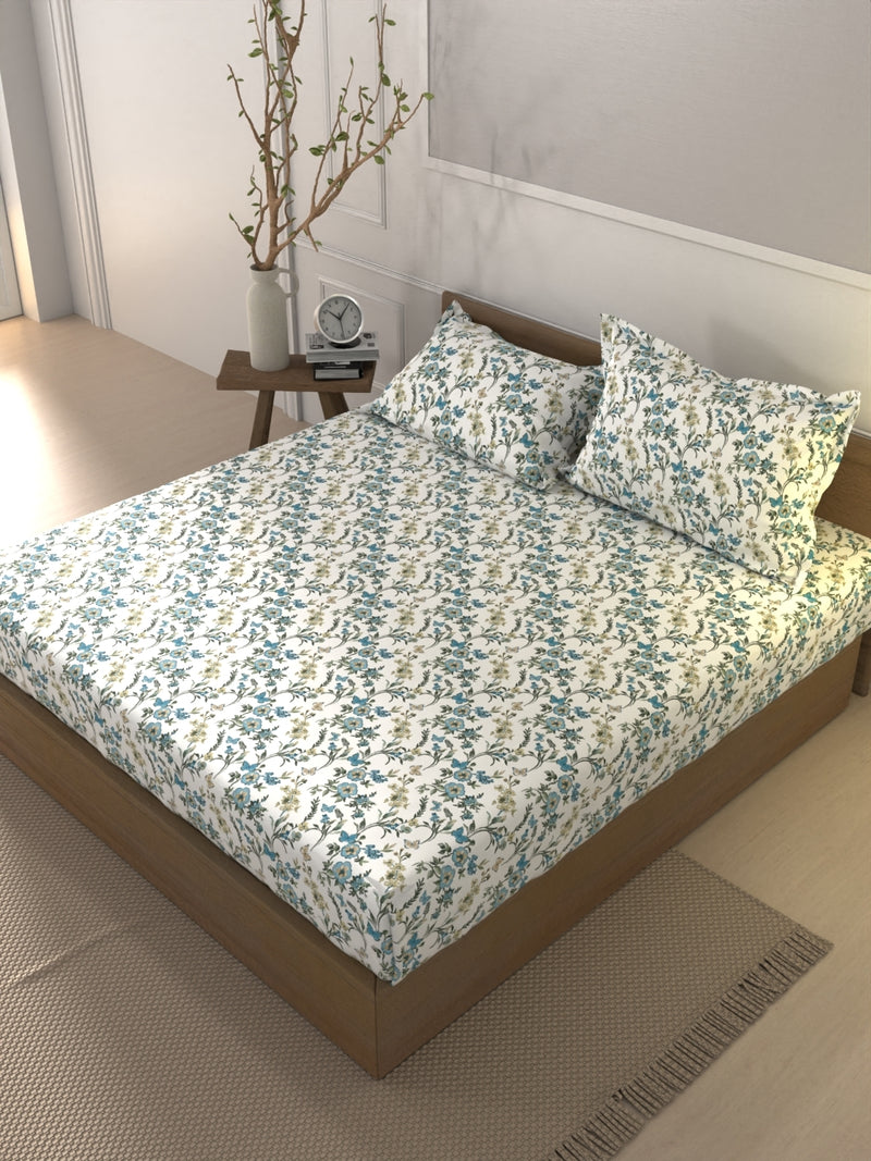 Soft 100% Natural Cotton Xl King Fitted Bedsheet With Elastic Edges With 2 Pillow Covers <small> (floral-dk.blue)</small>