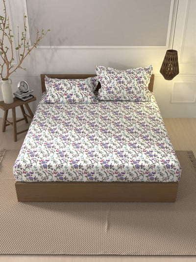 Soft 100% Natural Cotton Xl King Fitted Bedsheet With Elastic Edges With 2 Pillow Covers <small> (floral-purple)</small>
