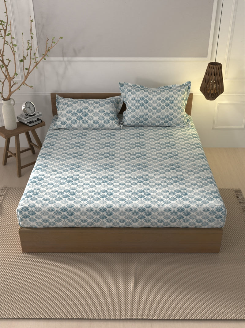 Soft 100% Natural Cotton Xl King Fitted Bedsheet With Elastic Edges With 2 Pillow Covers <small> (ornamental-blue)</small>