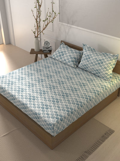 Soft 100% Natural Cotton Xl King Fitted Bedsheet With Elastic Edges With 2 Pillow Covers <small> (ornamental-blue)</small>