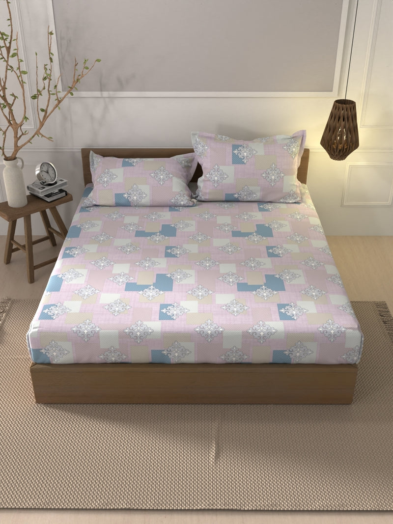 Soft 100% Natural Cotton Xl King Fitted Bedsheet With Elastic Edges With 2 Pillow Covers <small> (ornamental-pink/multi)</small>