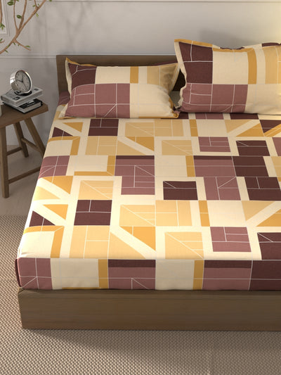 Soft 100% Natural Cotton Xl King Fitted Bedsheet With Elastic Edges With 2 Pillow Covers <small> (geometric-yellow)</small>