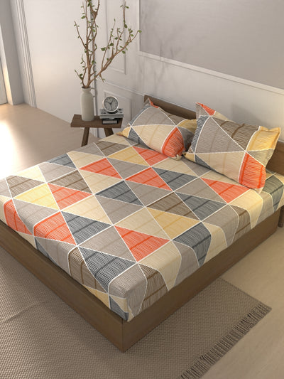 Soft 100% Natural Cotton Xl King Fitted Bedsheet With Elastic Edges With 2 Pillow Covers <small> (geometric-orange/multi)</small>