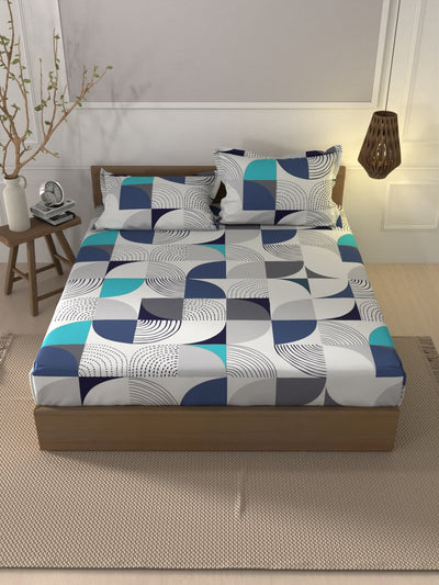Soft 100% Natural Cotton Xl King Fitted Bedsheet With Elastic Edges With 2 Pillow Covers <small> (geometric-blue/multi)</small>