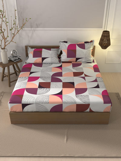 Soft 100% Natural Cotton Xl King Fitted Bedsheet With Elastic Edges With 2 Pillow Covers <small> (geometric-pink/multi)</small>