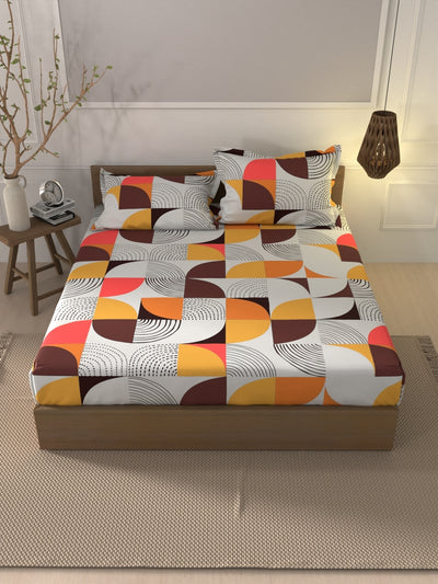 Soft 100% Natural Cotton Xl King Fitted Bedsheet With Elastic Edges With 2 Pillow Covers <small> (geometric-yellow/multi)</small>