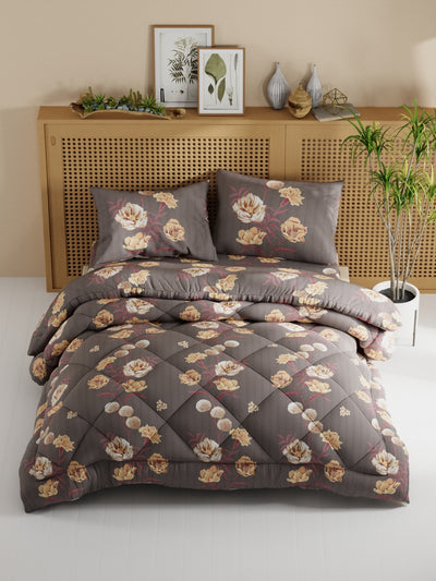 Extra Smooth Micro Double Comforter With 1 Double Bedsheet And 2 Pillow Covers For All Weather <small> (floral-coffee)</small>