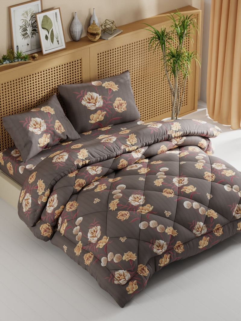 Extra Smooth Micro Double Comforter With 1 Double Bedsheet And 2 Pillow Covers For All Weather <small> (floral-coffee)</small>